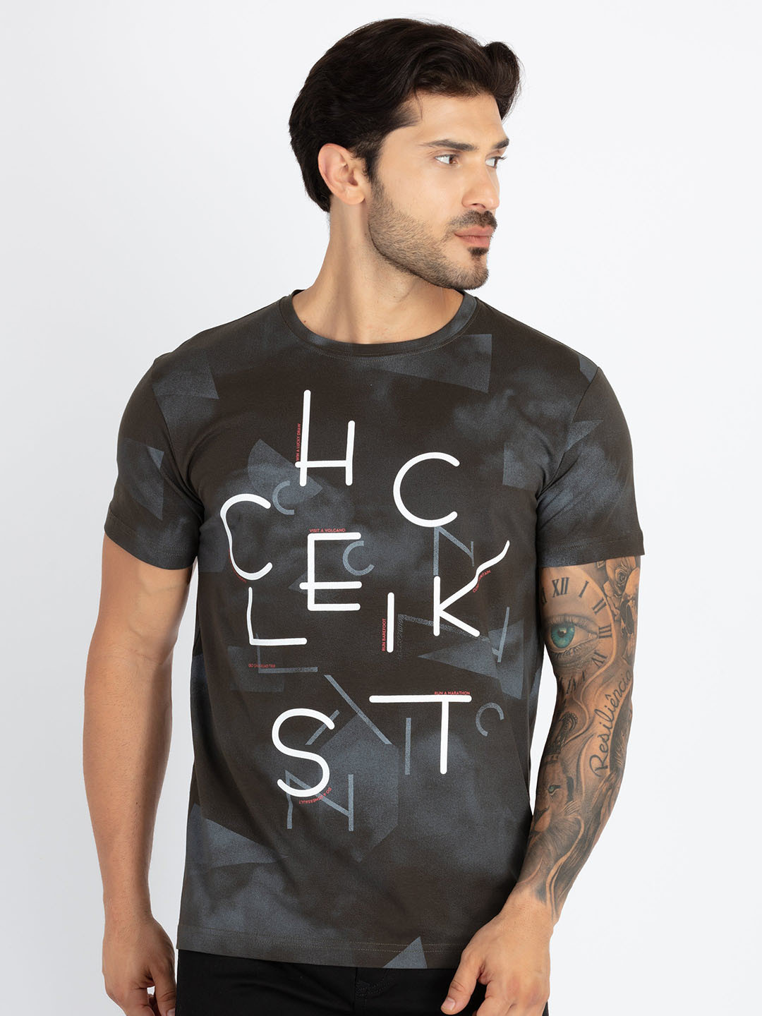 

Status Quo Round Neck Short Sleeves Typography Printed Pure Cotton T-shirt, Olive