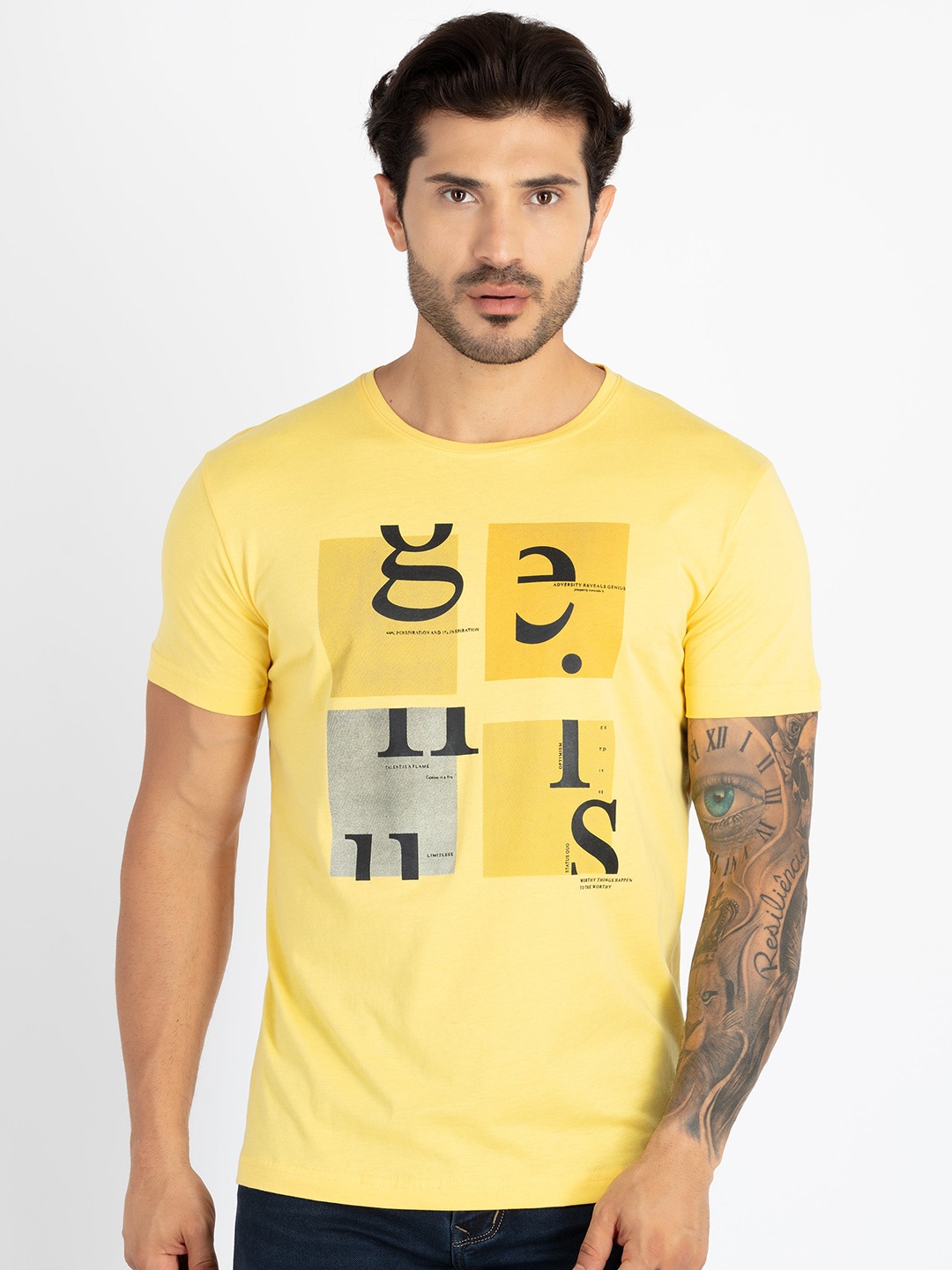 Status Quo Typographic Printed Round Neck Pure Cotton T-shirt, Gold