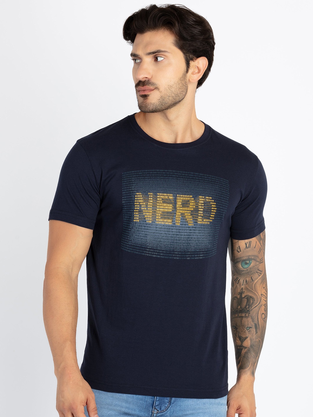 

Status Quo round Neck Short Sleeves Typography Printed Cotton T-shirt, Navy blue