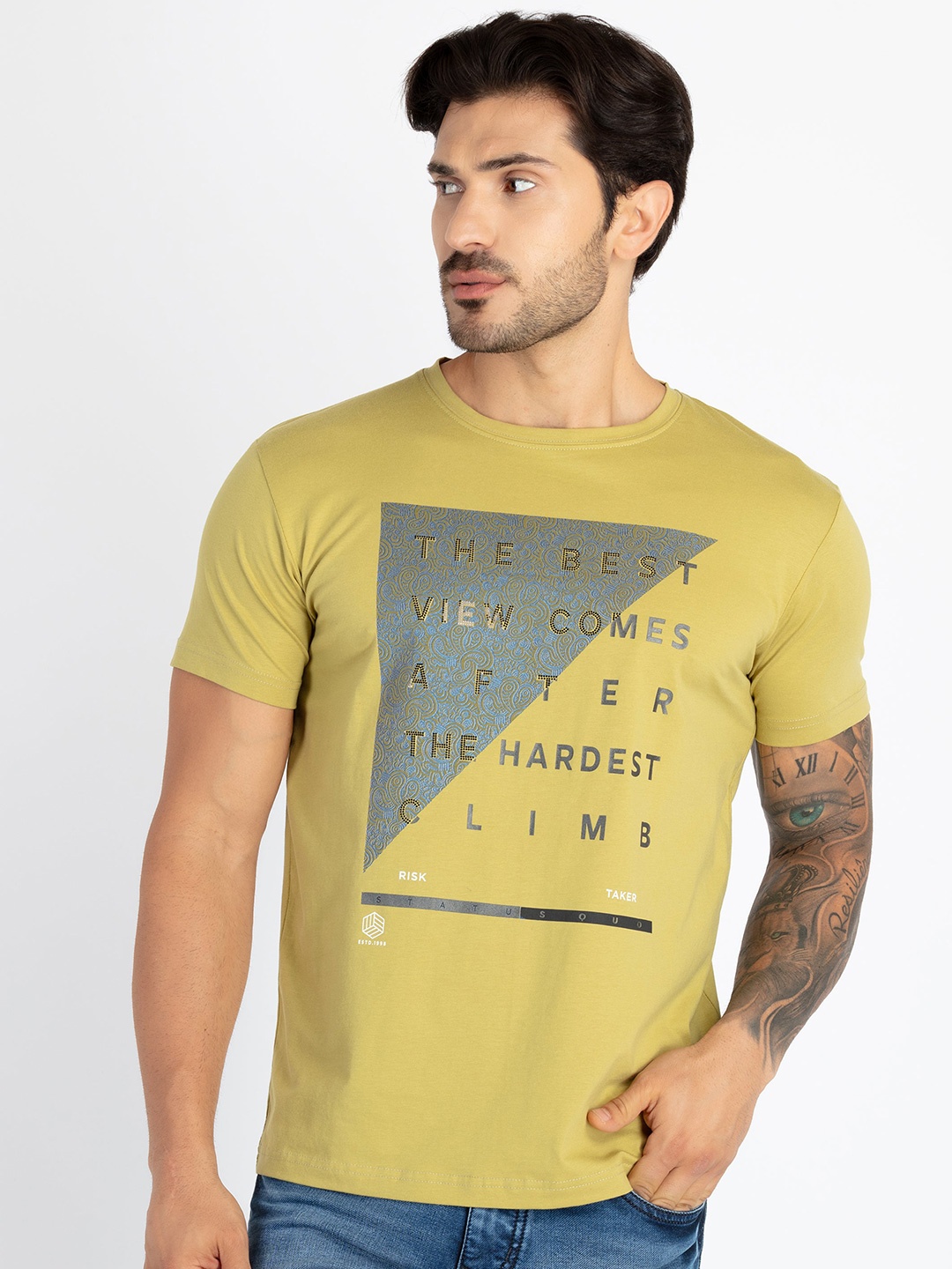 

Status Quo round Neck Typography Printed Cotton T-shirt, Green