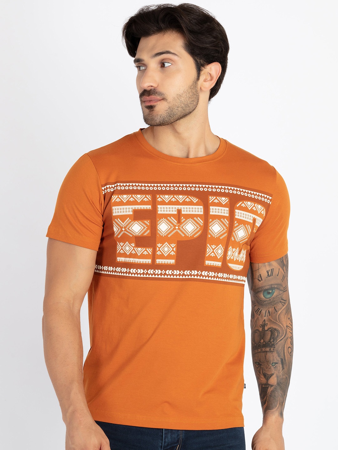 Status Quo Typography Printed Round Neck Casual T-shirt, Rust