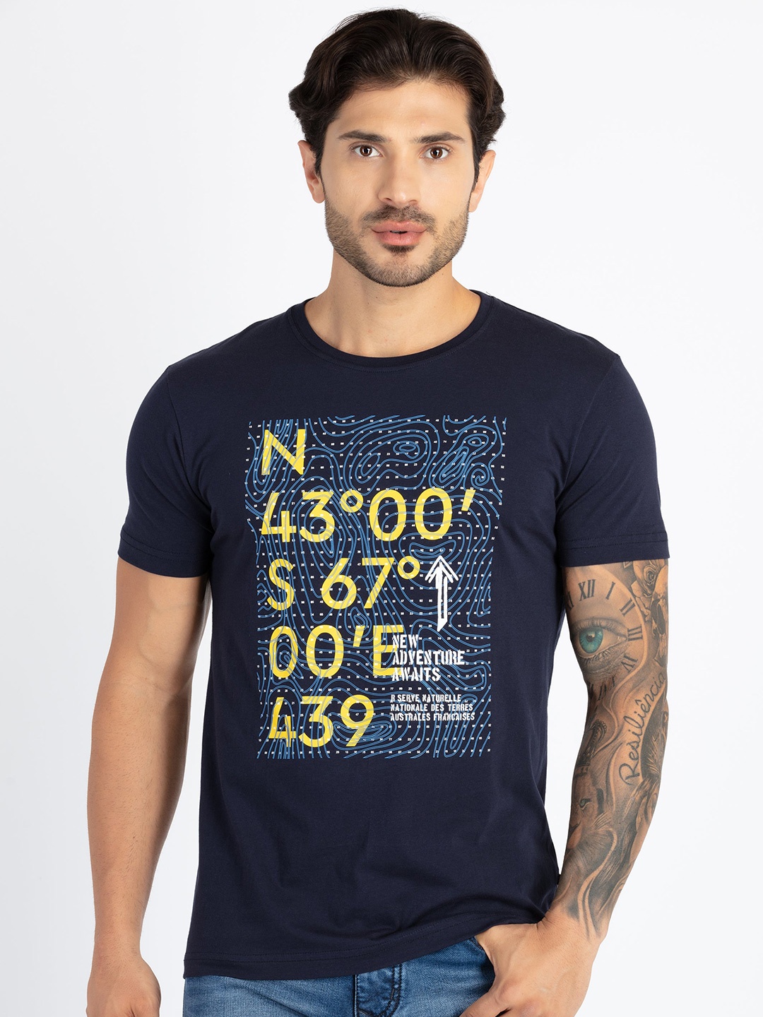 

Status Quo Round Neck Short Sleeves Typography Printed Pure Cotton Regular Fit T-shirt, Navy blue
