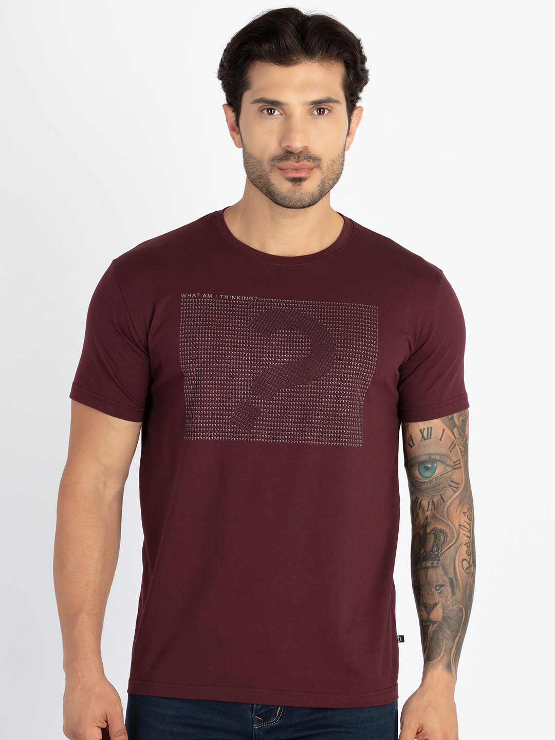

Status Quo Typography Printed Round Neck Casual T-shirt, Maroon