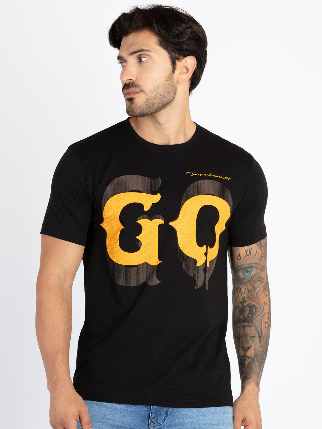 

Status Quo Round Neck Short Sleeves Typography Printed Cotton T-shirt, Black