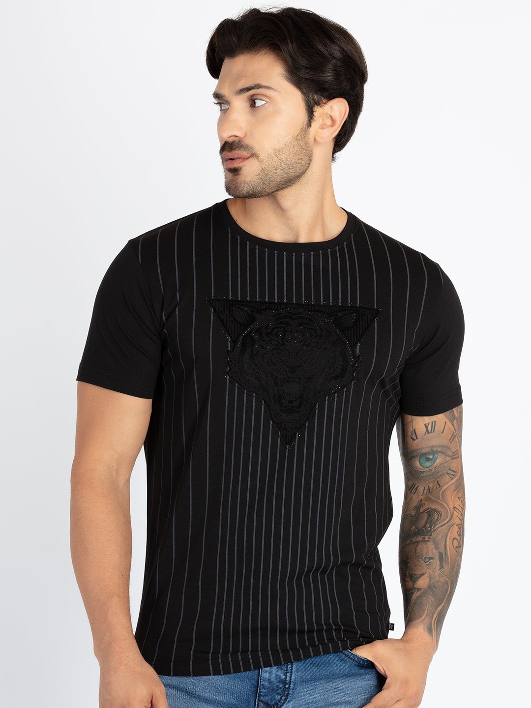 

Status Quo Striped Printed Round Neck Casual T-shirt, Black