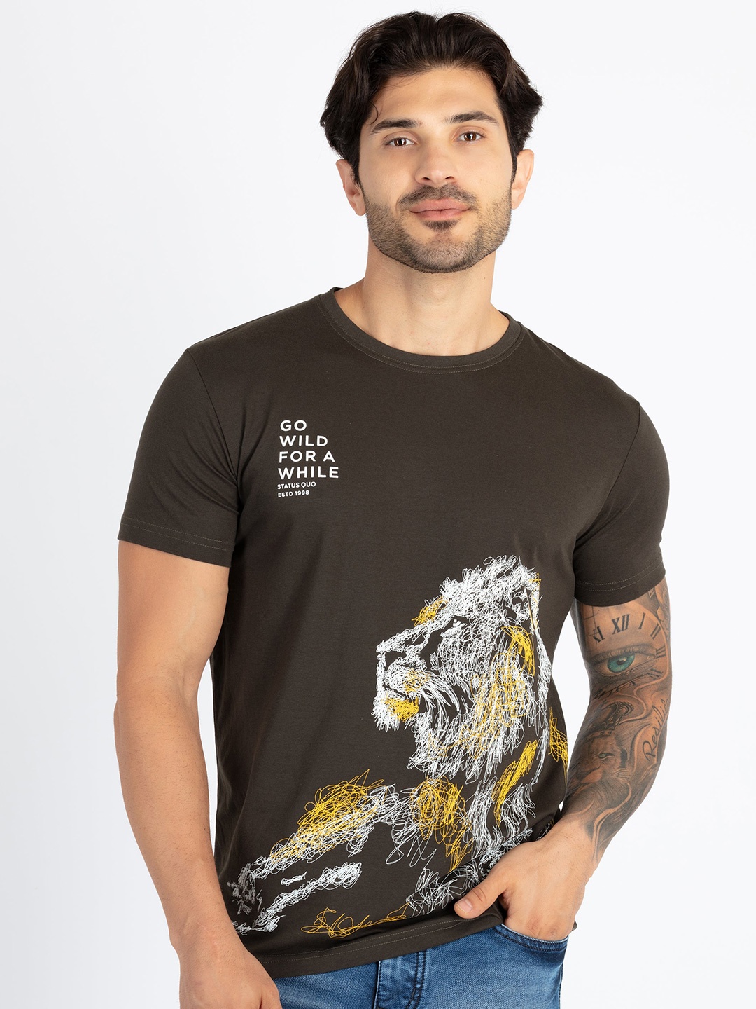 

Status Quo Graphic Printed Round Neck Cotton T-shirt, Olive