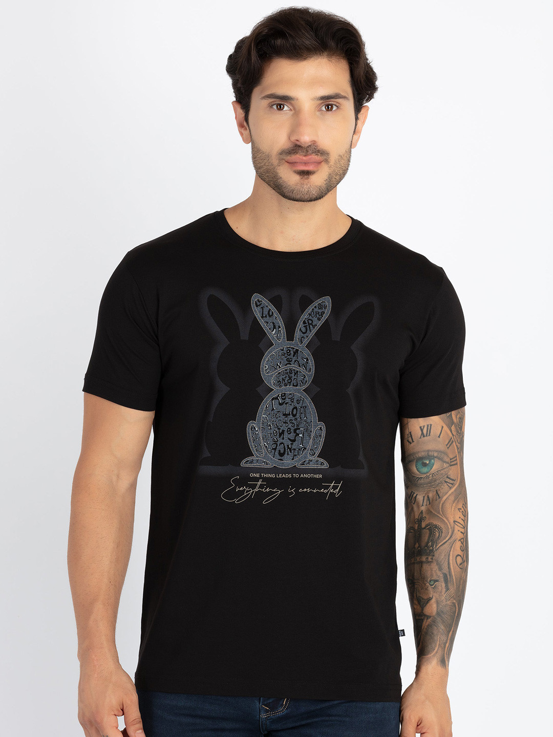 

Status Quo Round Neck Short Sleeves Typography Printed Cotton T-shirt, Black