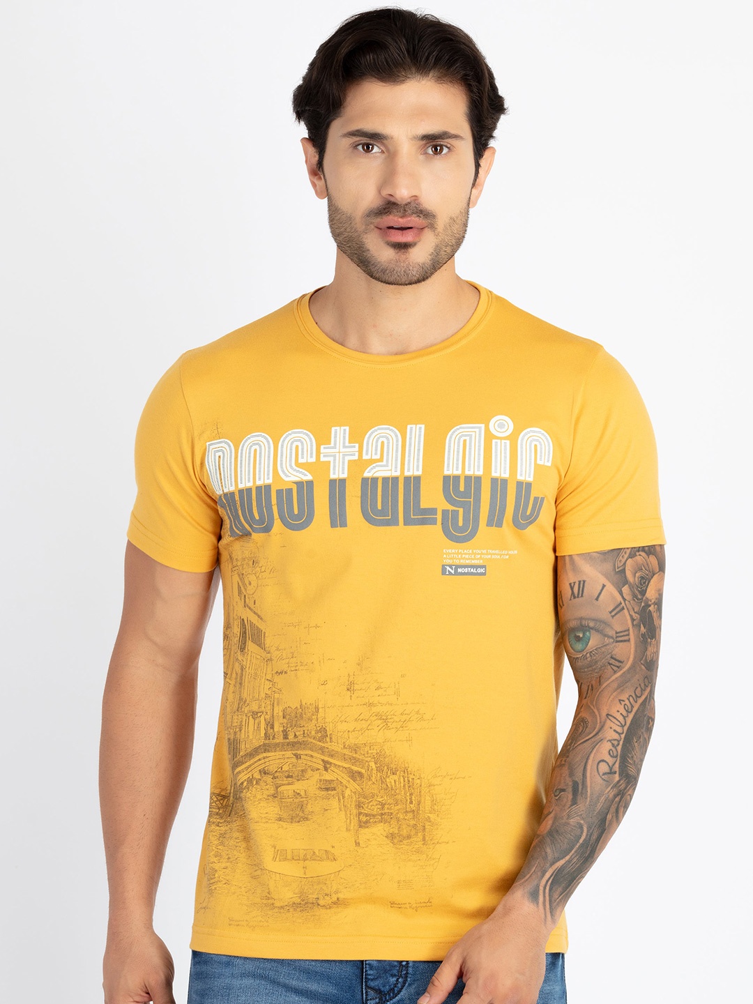 

Status Quo Typography Printed Round Neck Casual T-shirt, Mustard