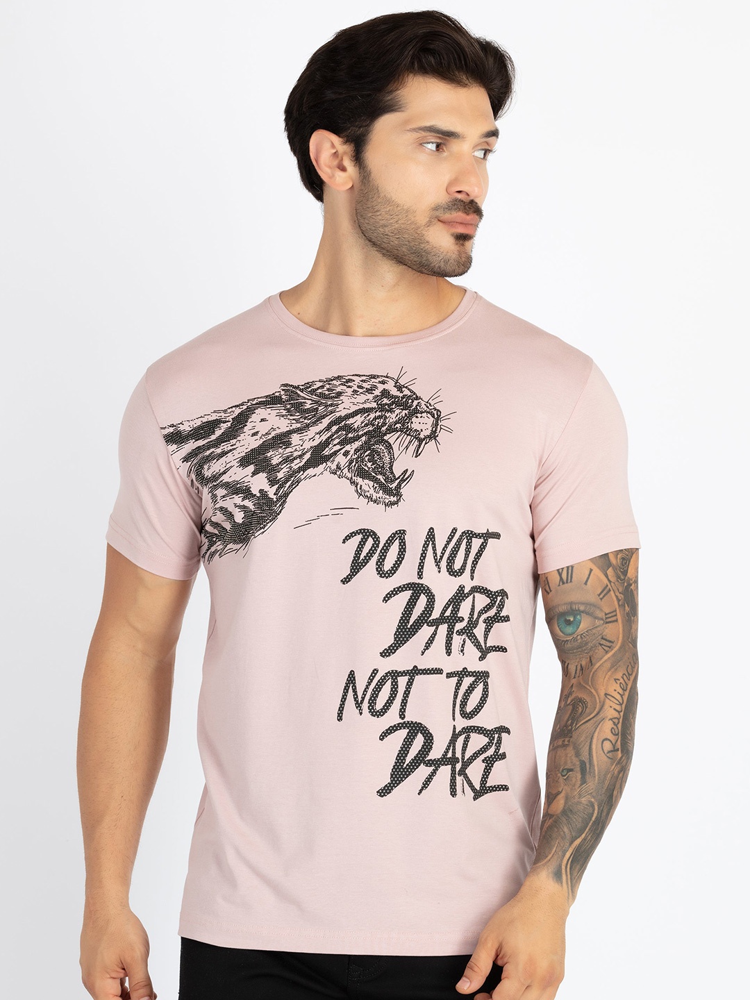 

Status Quo Round Neck Short Sleeves Typography Printed T-shirt, Rose gold