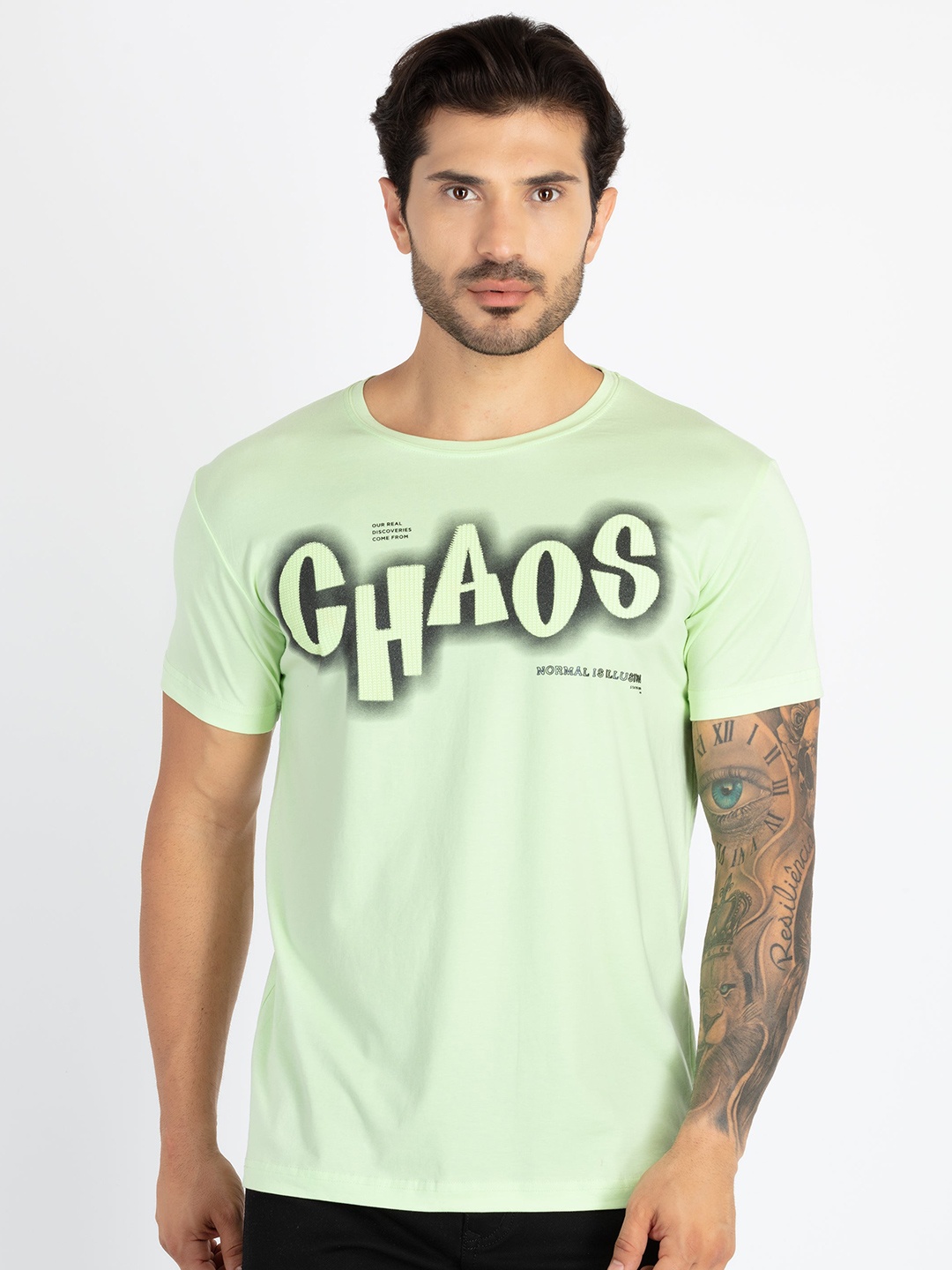 

Status Quo Typographic Printed Round Neck Cotton T-shirt, Green