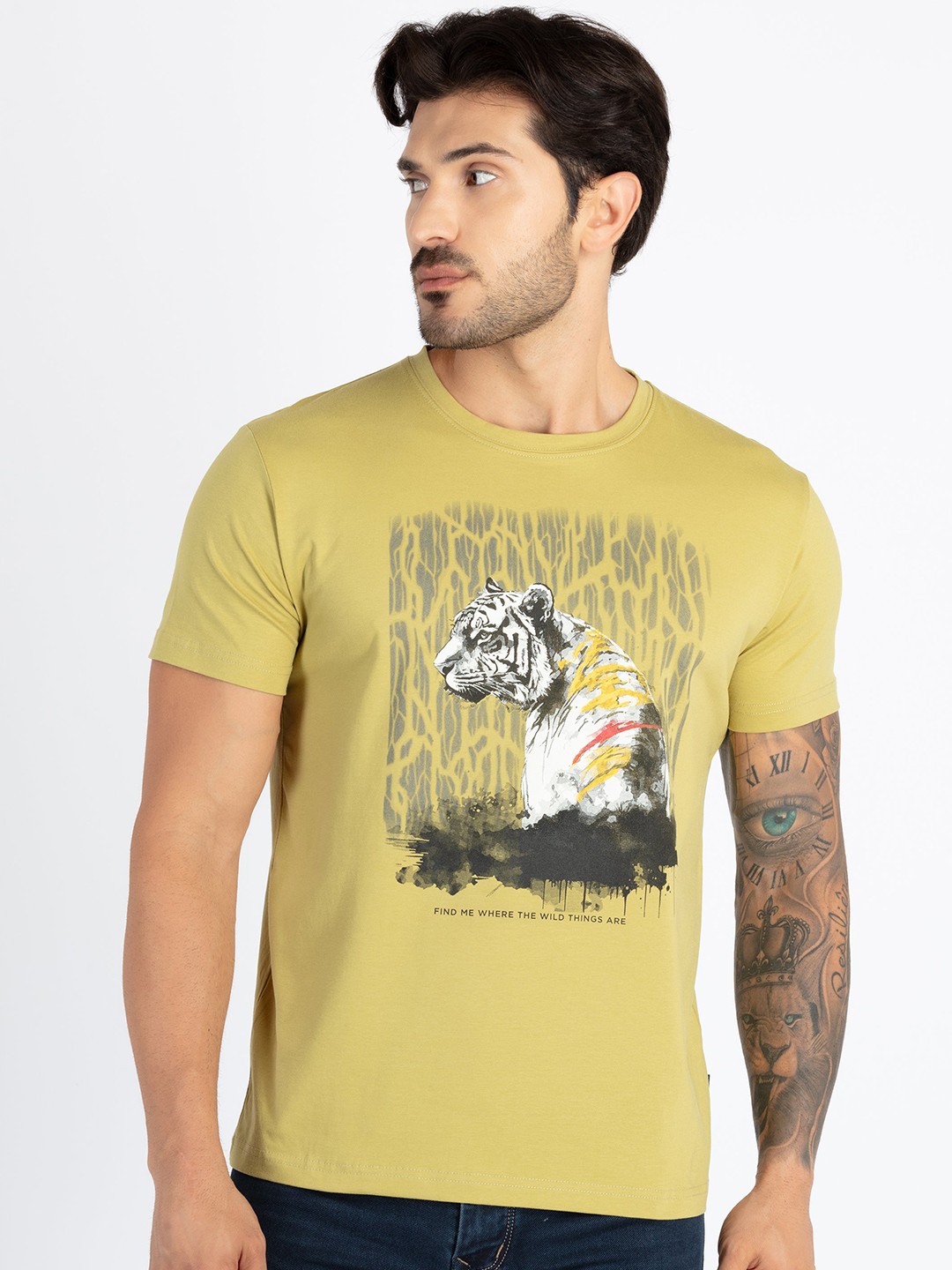 

Status Quo Round Neck Short Sleeves Printed Cotton T-shirt, Green