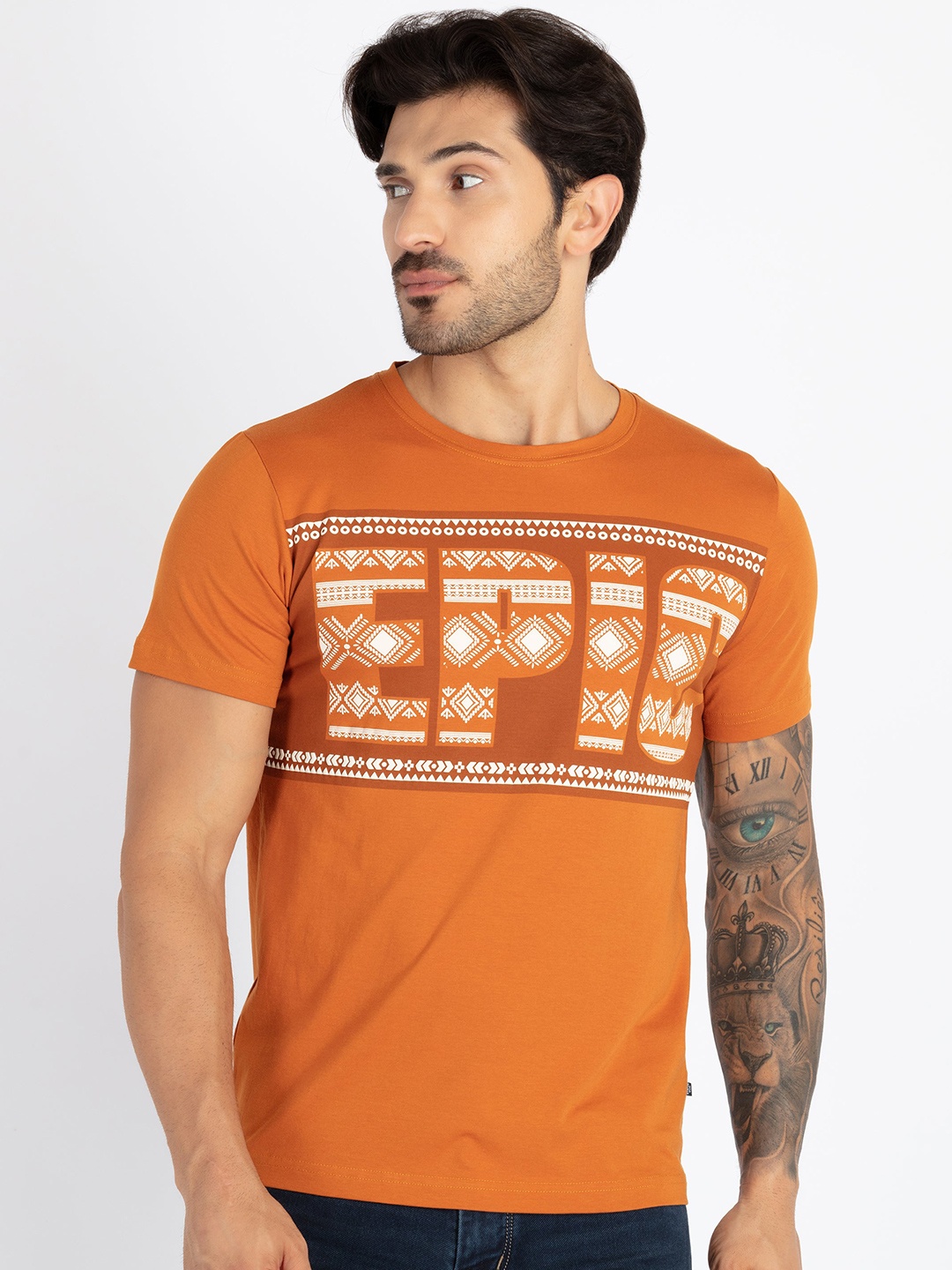 

Status Quo Typographic Printed Round Neck Cotton T-shirt, Rust
