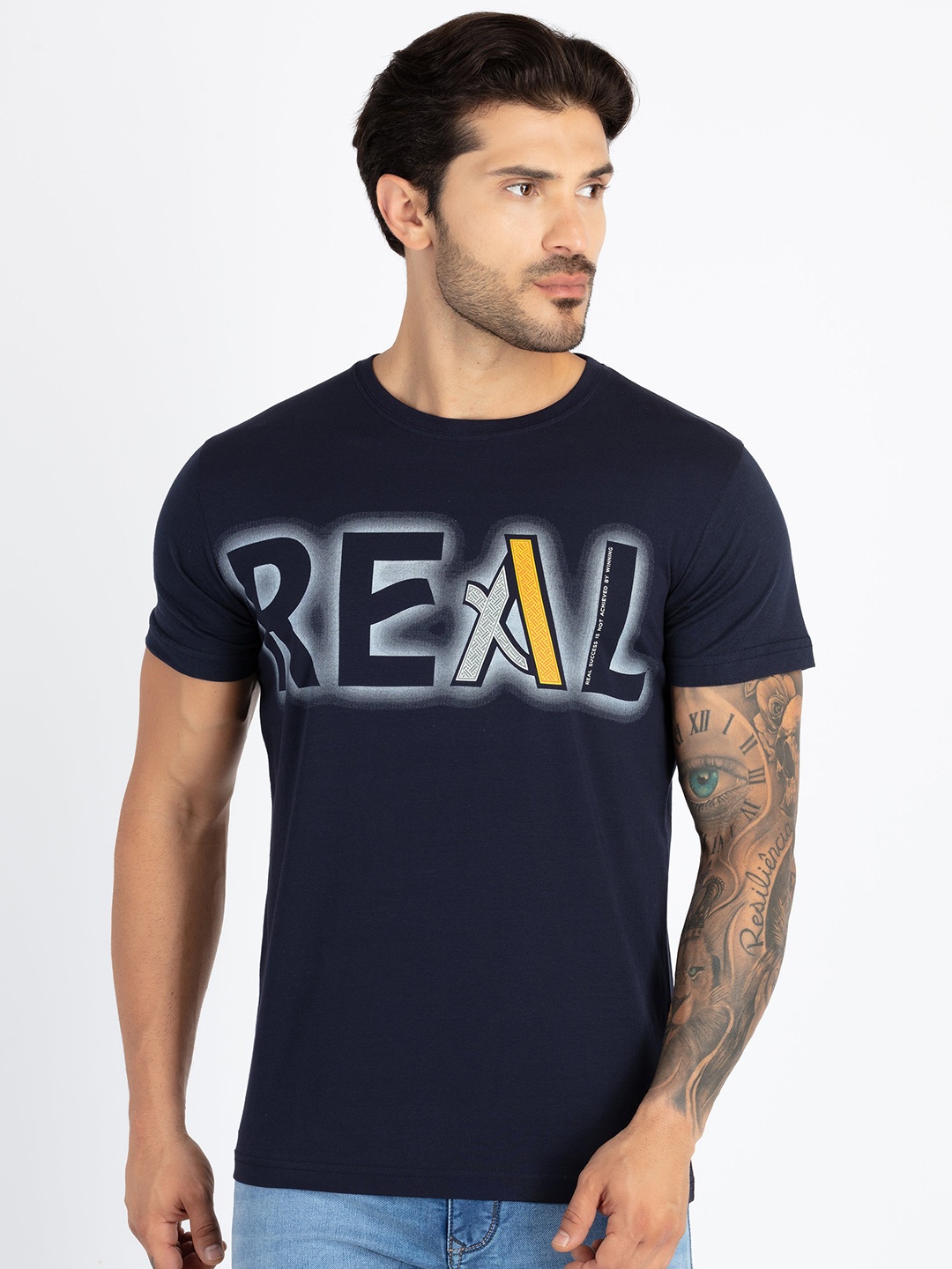 Status Quo Typography Printed Round Neck Casual T-shirt, Navy blue