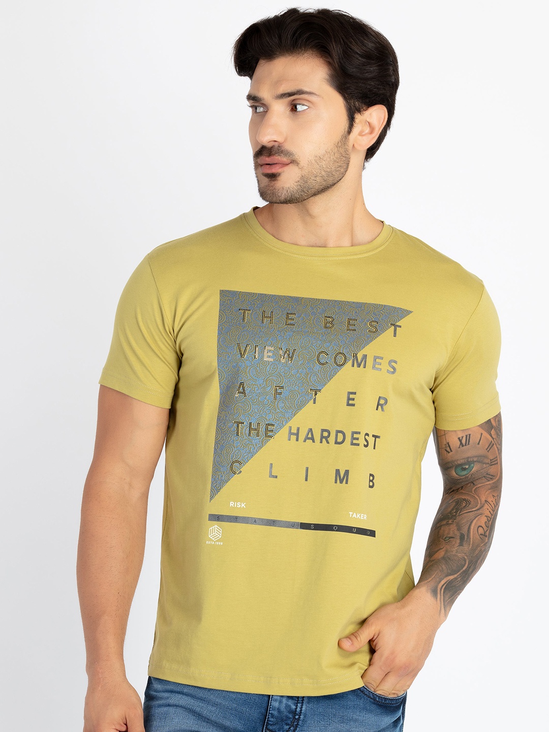 

Status Quo Round Neck Short Sleeves Typography Printed Cotton T-shirt, Green
