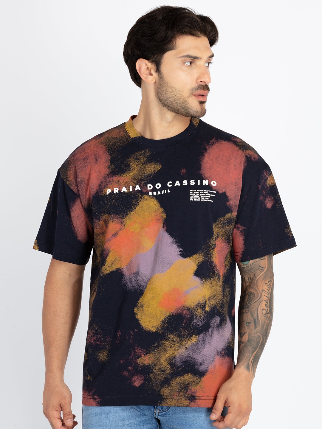 

Status Quo Typography Printed Round Neck Cotton Oversized T-Shirt, Navy blue