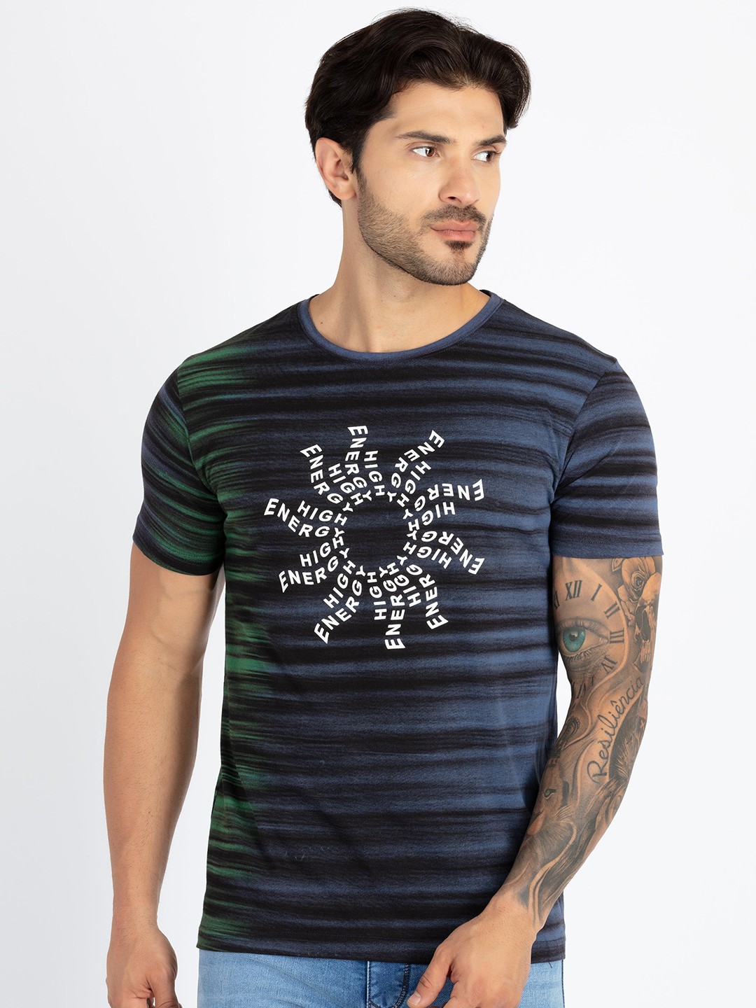 

Status Quo Round Neck Short Sleeves Striped Pure Cotton T-shirt, Green