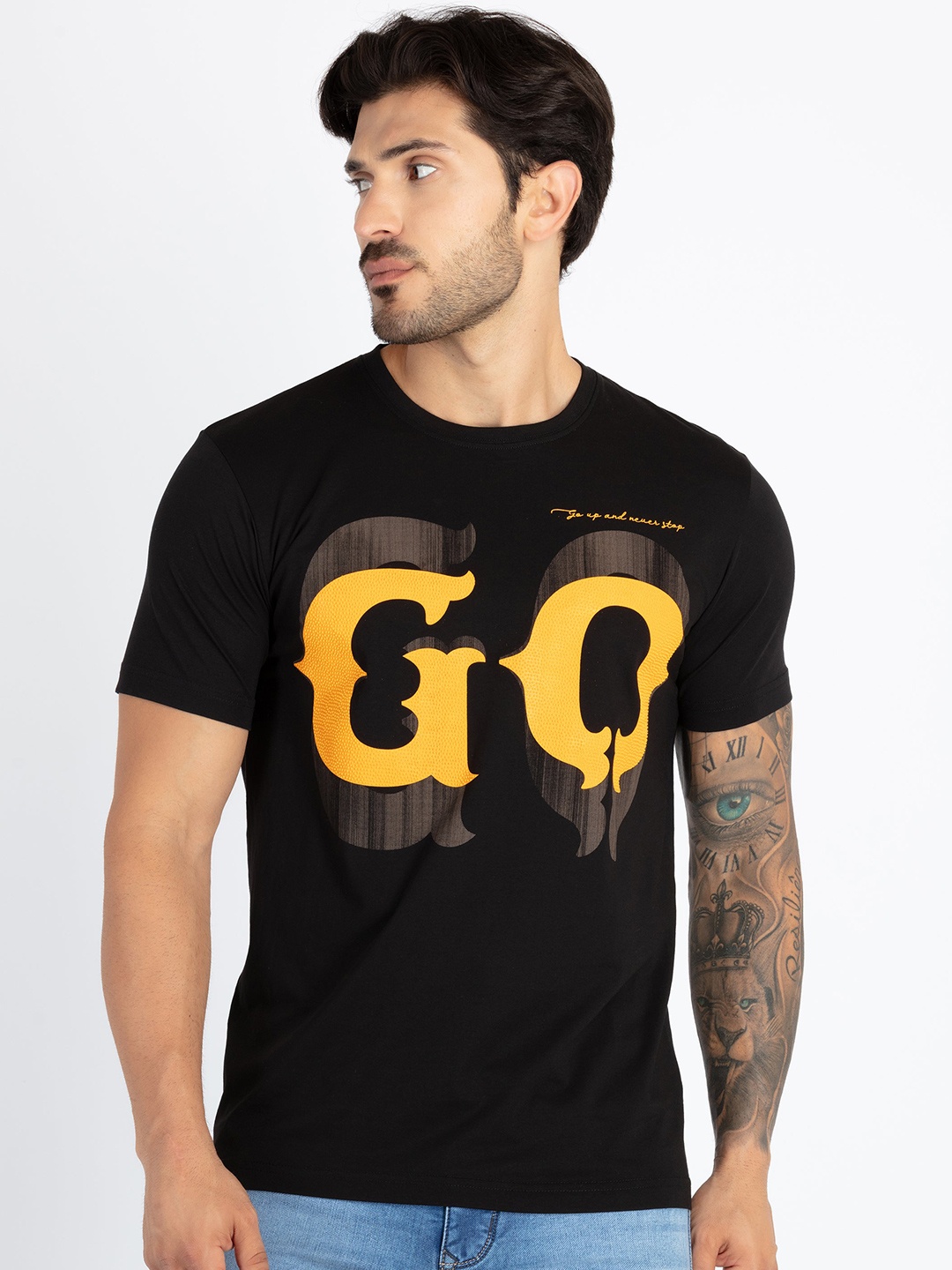 Status Quo Typography Printed Round Neck Casual T-shirt, Black