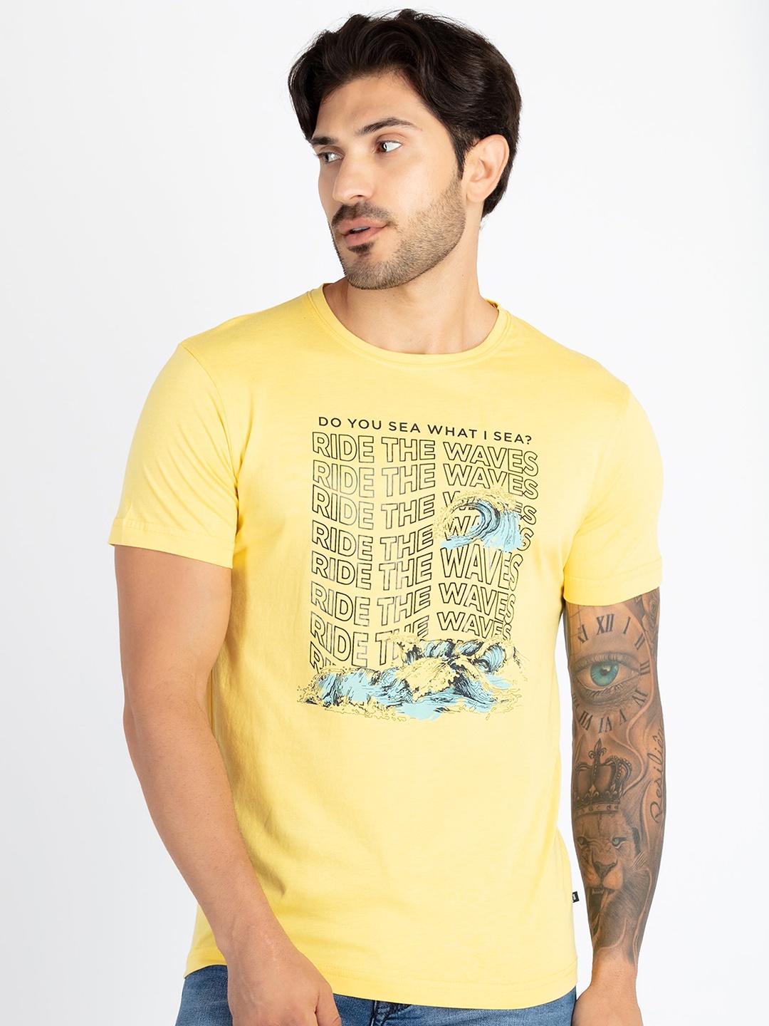 

Status Quo Typographic Printed Round Neck Cotton T-shirt, Yellow
