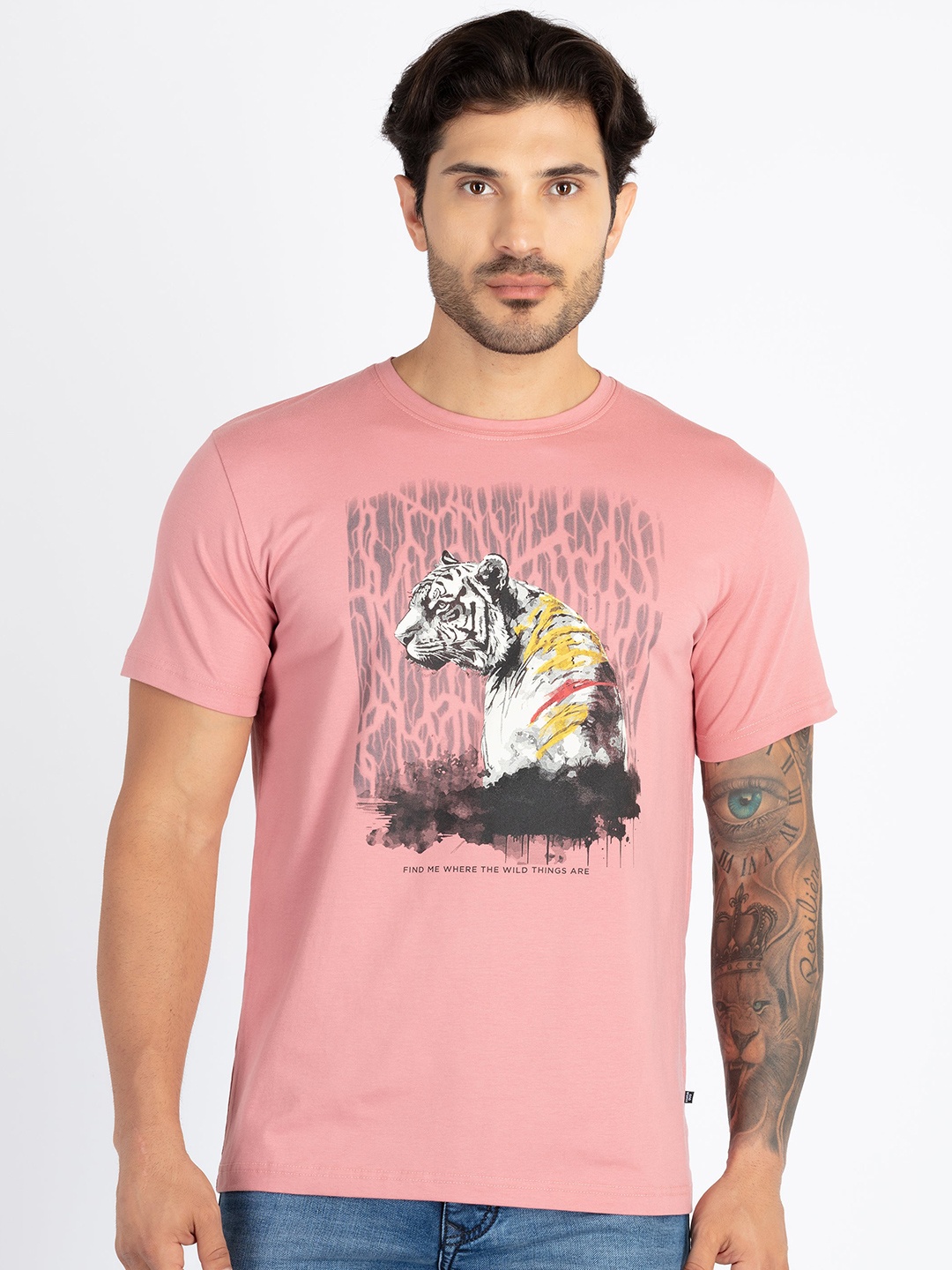 

Status Quo Graphic Printed Round Neck Cotton T-shirt, Coral