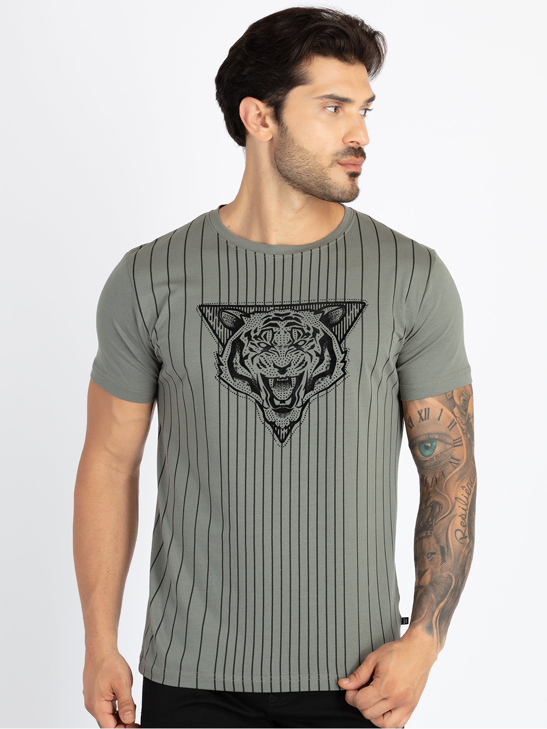 

Status Quo Graphic Printed Round Neck Cotton T-shirt, Olive