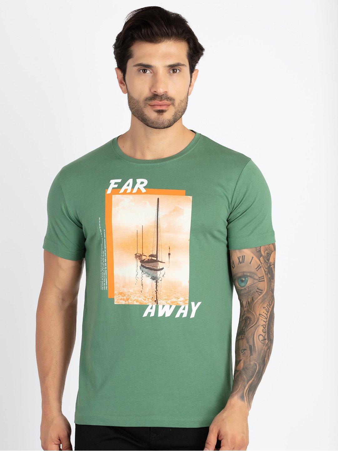 

Status Quo Plus Size Graphic Printed Round Neck Pure Cotton T-shirt, Green
