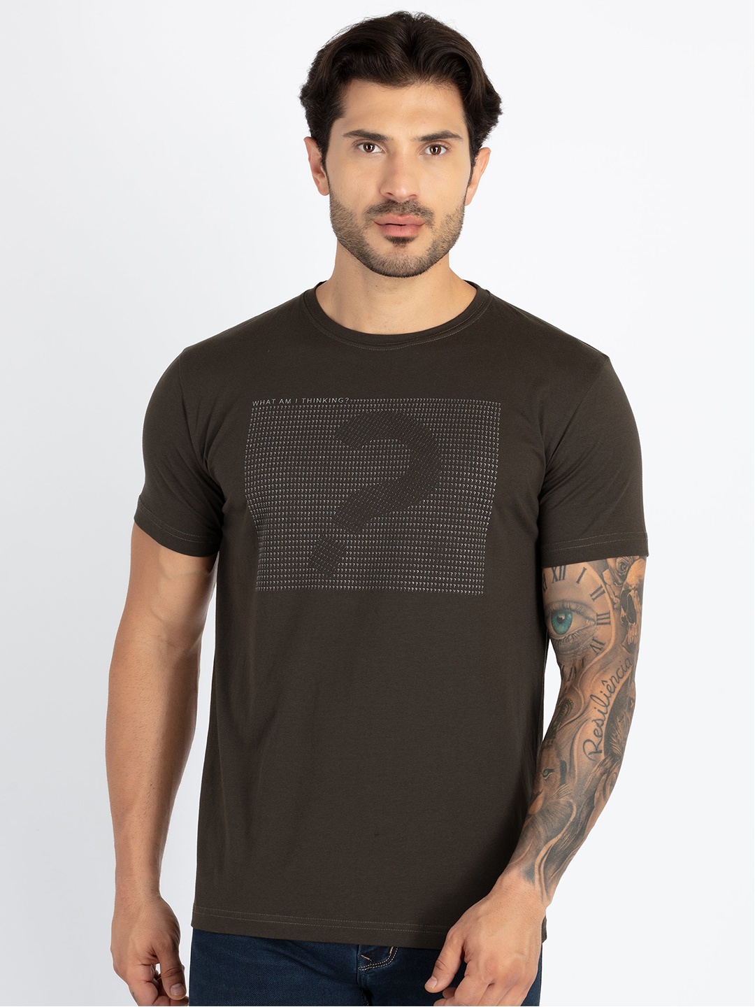 Status Quo Typographic Printed Round Neck Cotton T-shirt, Olive