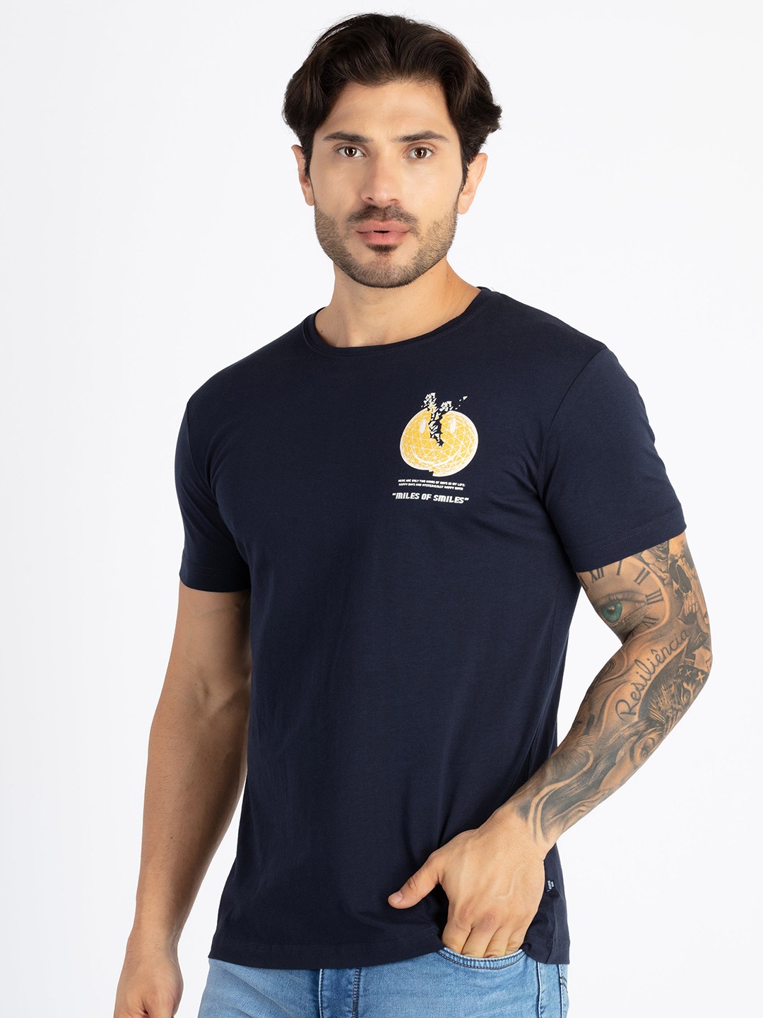 

Status Quo Pure Cotton Round Neck Casual T-shirt, Navy blue