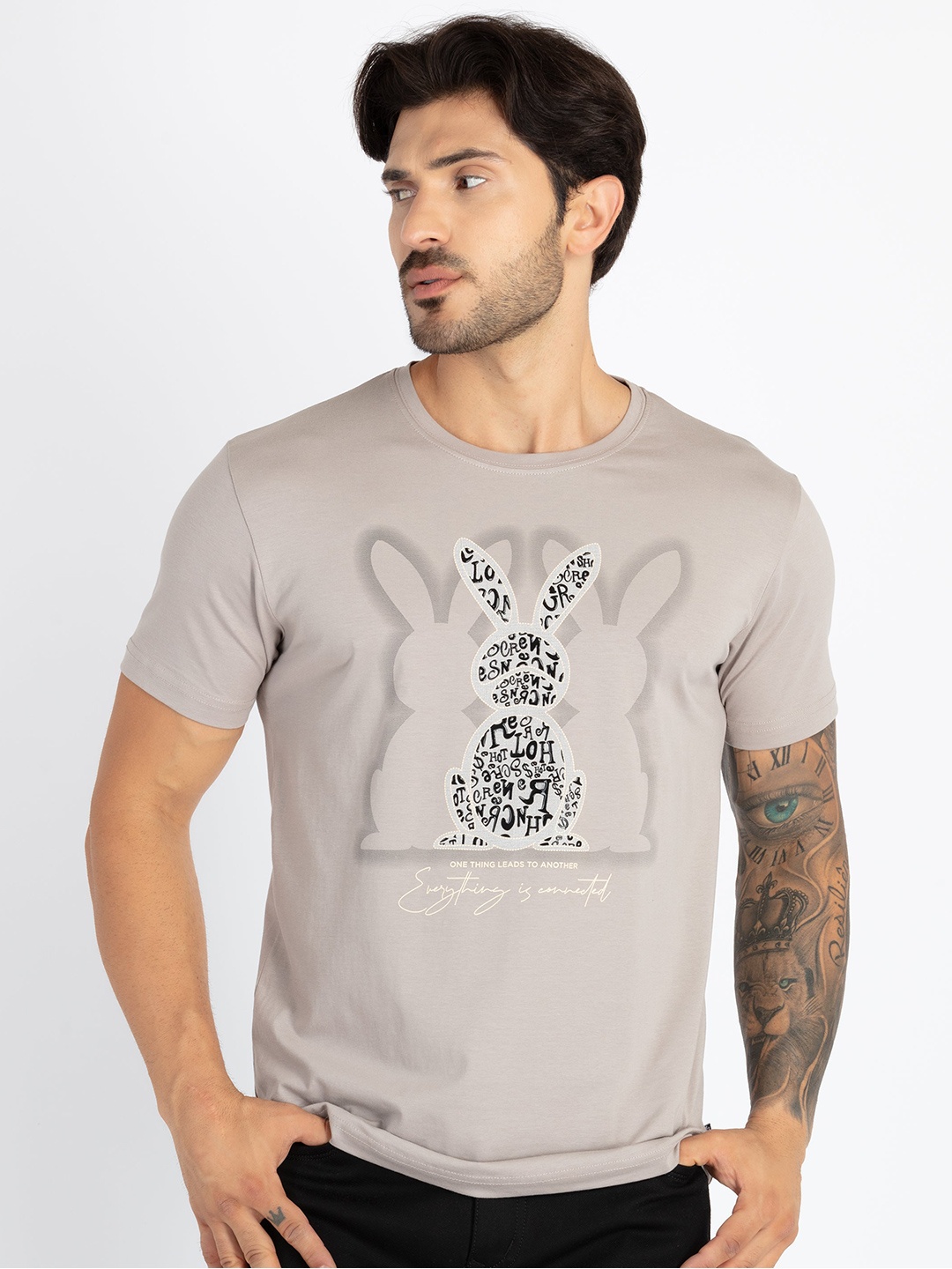 

Status Quo Typography Printed Round Neck Casual T-shirt, Beige