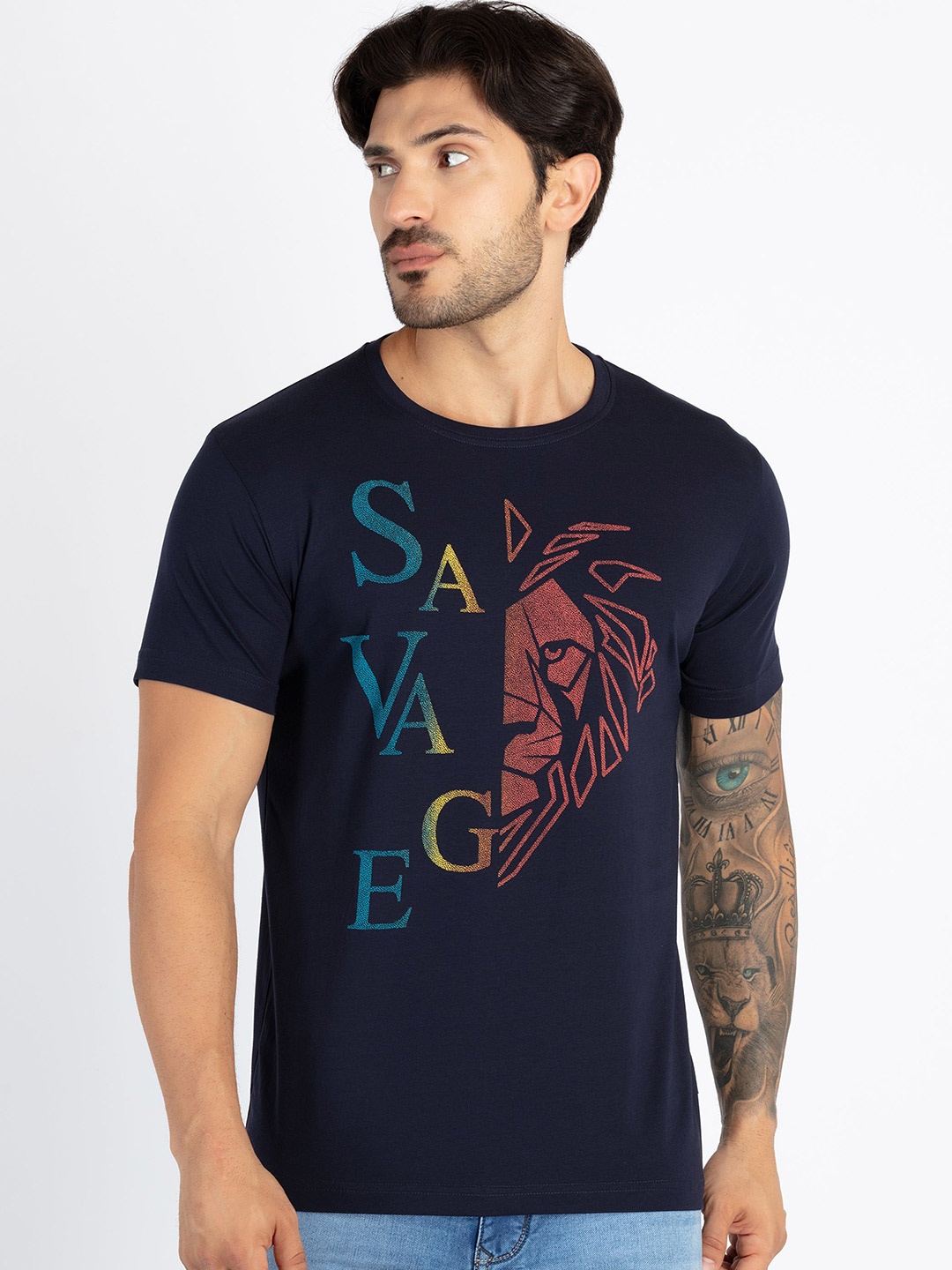 

Status Quo Graphic Printed Round Neck Casual T-shirt, Navy blue