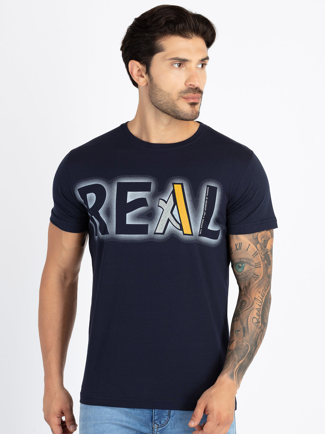

Status Quo Plus Size Typographic Printed Round Neck T-shirt, Navy blue