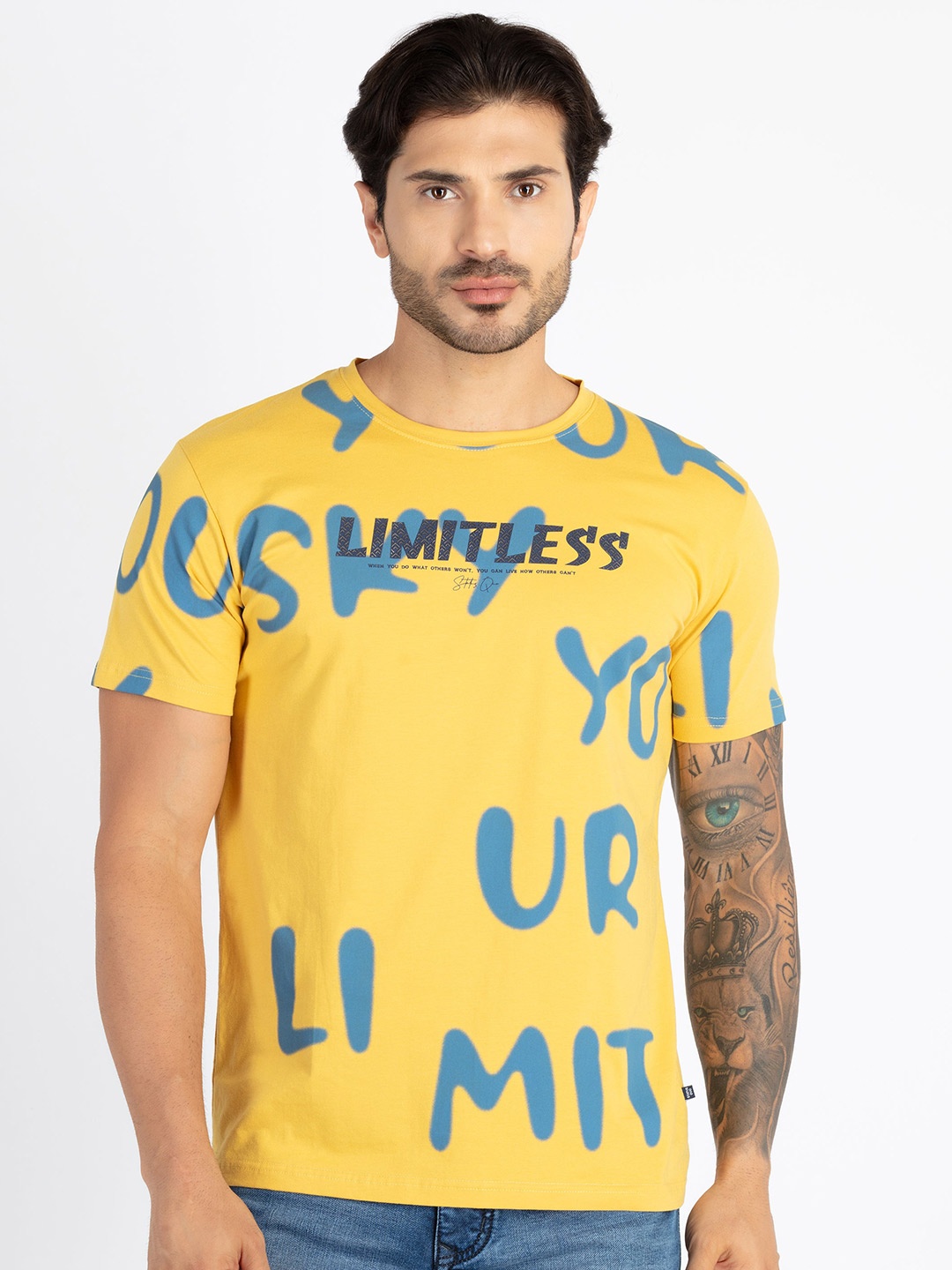 

Status Quo Typography Printed Cotton T-shirt, Mustard