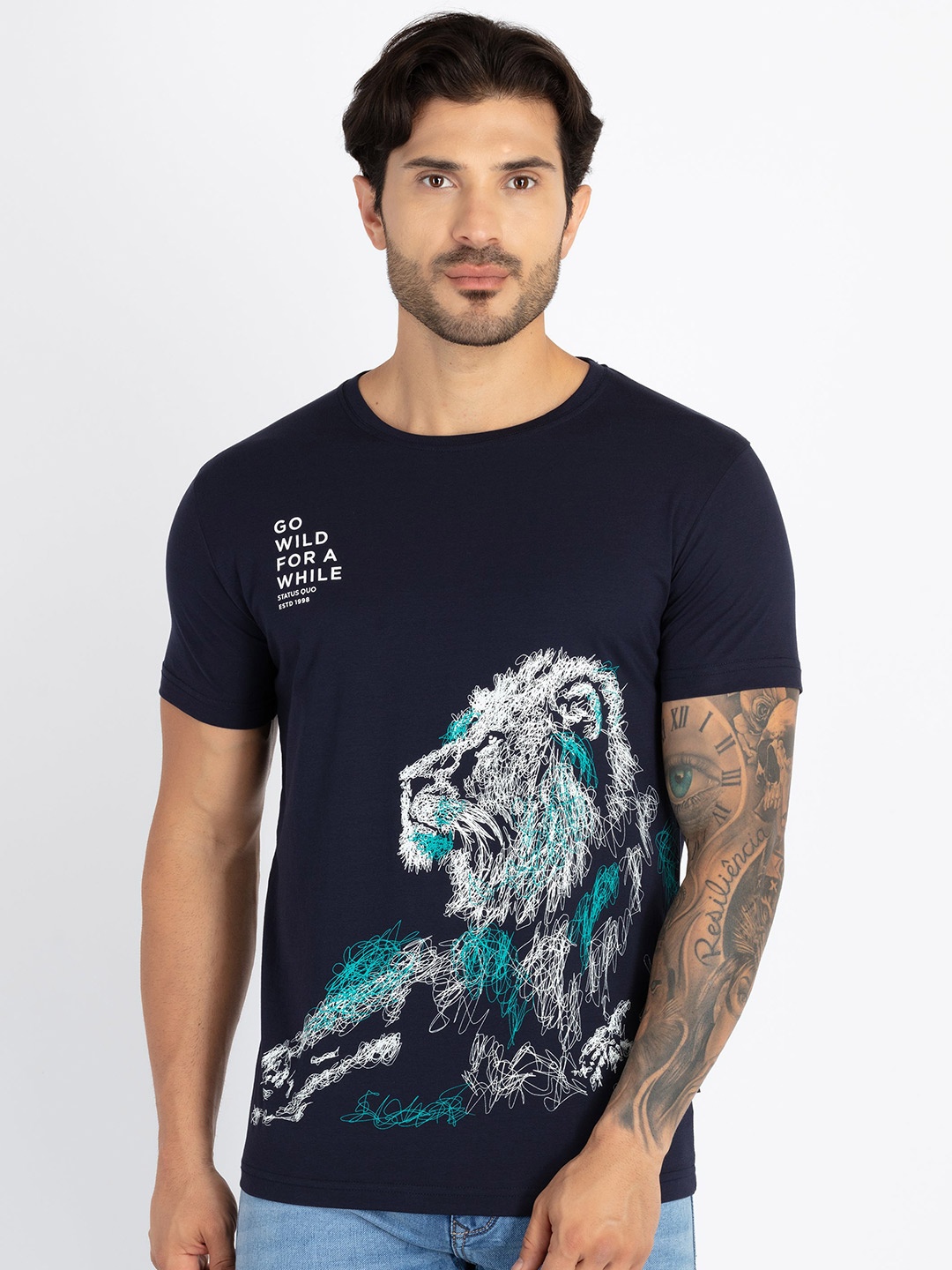 

Status Quo Graphic Printed Round Neck Casual T-shirt, Navy blue