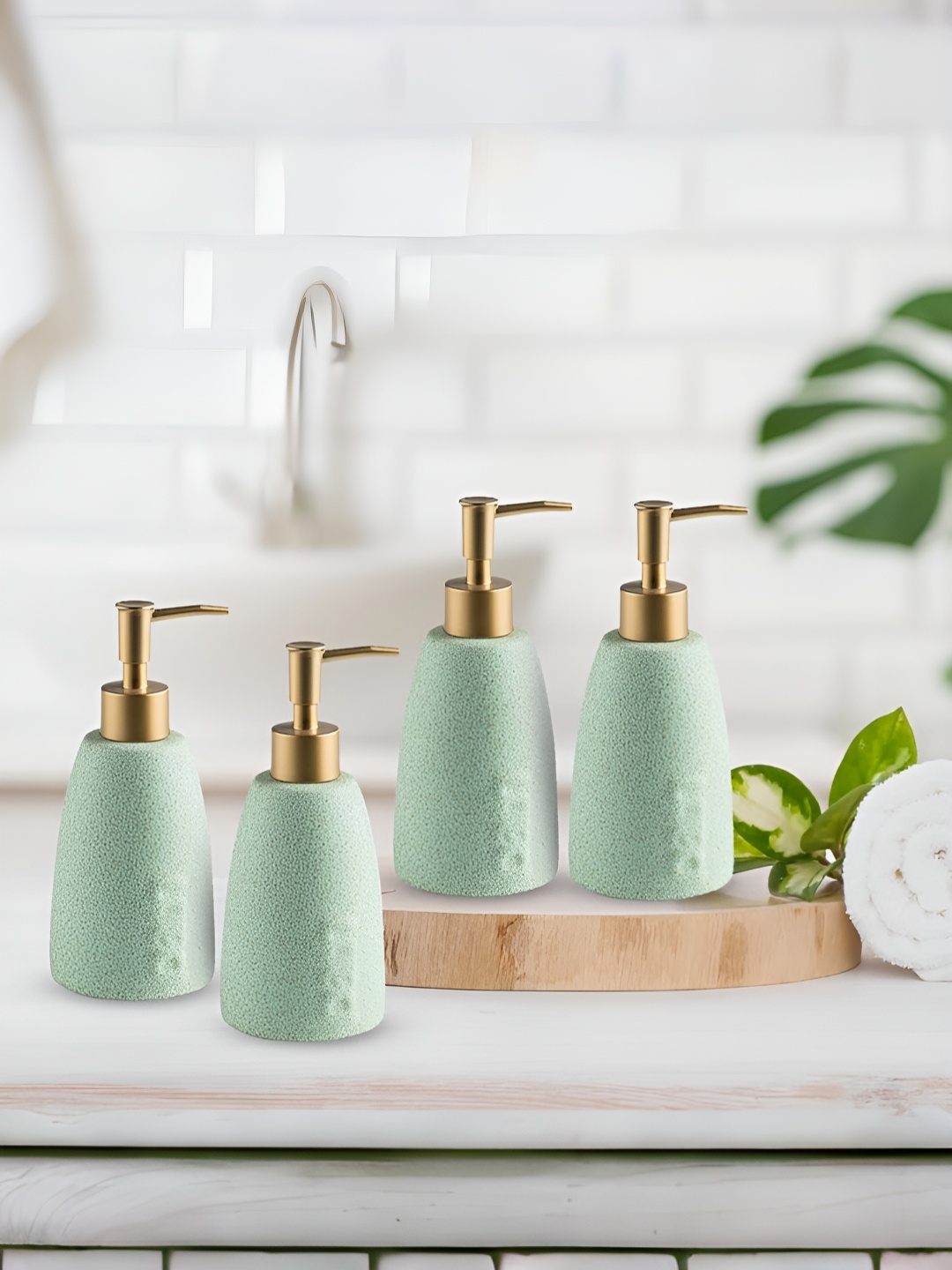 

The Better Home Green & Gold Toned 4 Pieces Printed Ceramic Soap Dispensers 320 ml Each