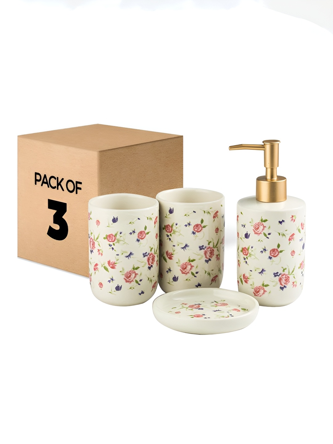

The Better Home White & Green 4 Pieces Floral Printed Ceramic Bath Accessories Set