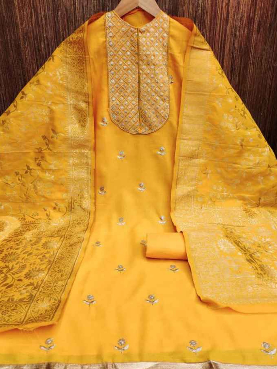 

faxofab Ethnic Motifs Woven Design Zari Unstitched Dress Material, Yellow