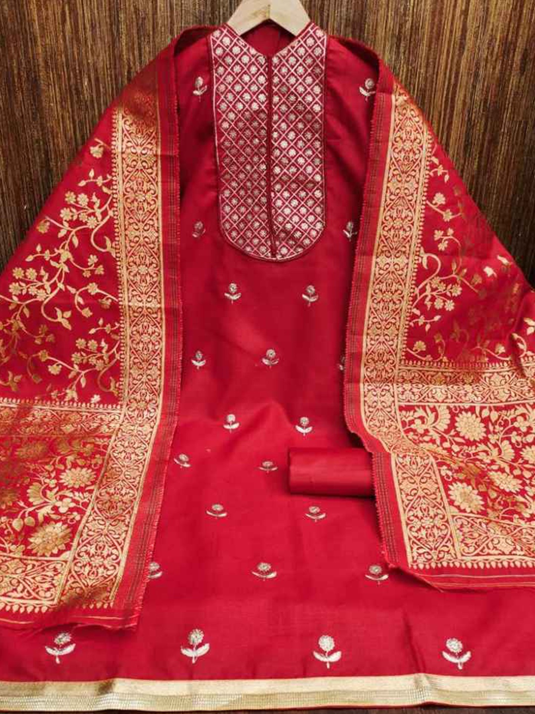 

faxofab Ethnic Motifs Woven Design Zari Unstitched Dress Material, Red