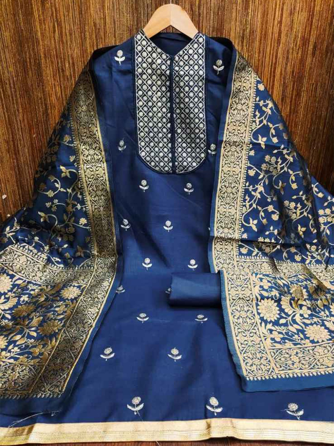 

faxofab Ethnic Motifs Woven Design Zari Unstitched Dress Material, Blue