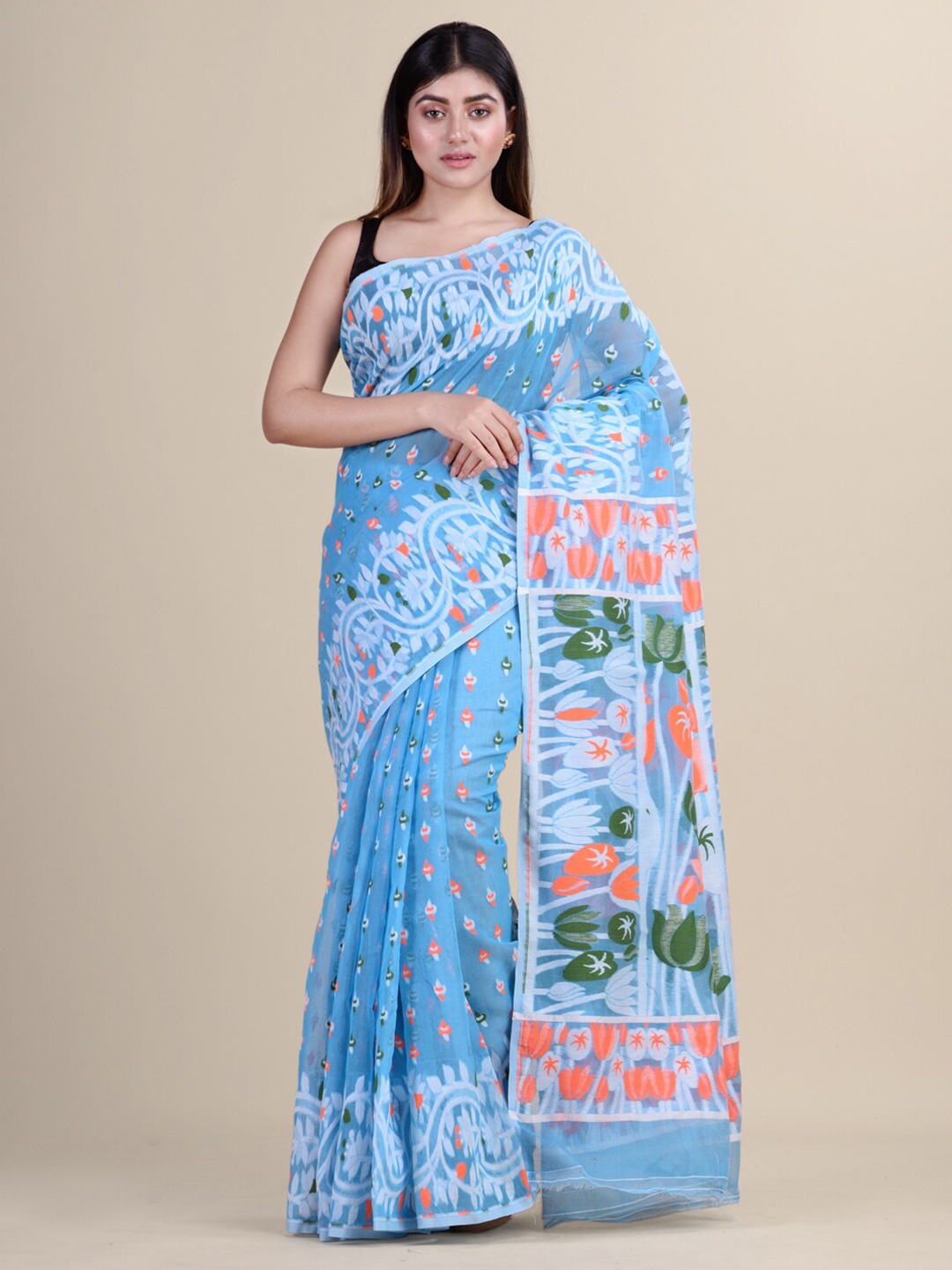 

HOUSE OF ARLI Ethnic Motifs Woven Design Pure Cotton Jamdani Saree, Blue