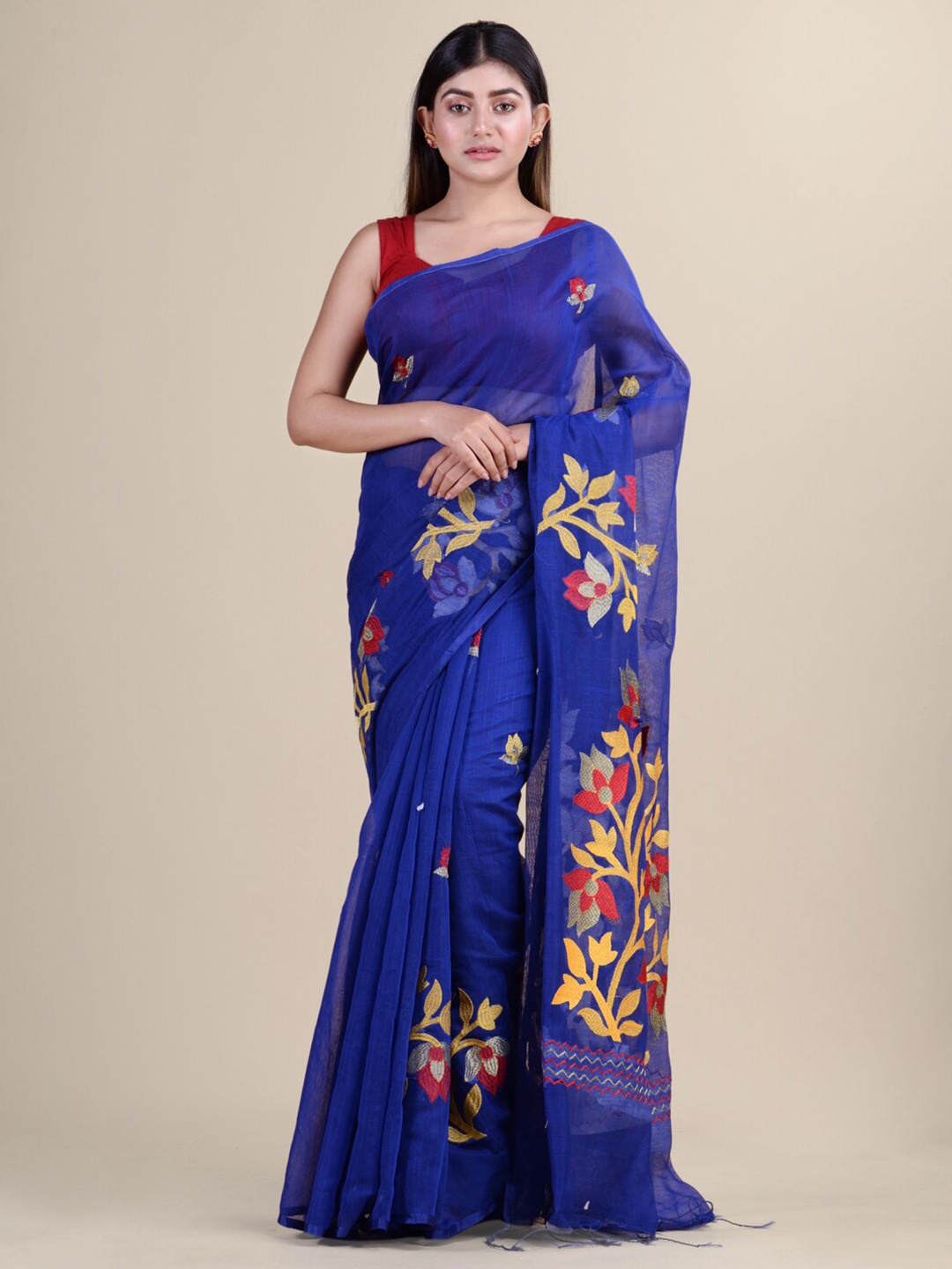 

HOUSE OF ARLI Floral Embroidered Silk Cotton Saree, Blue