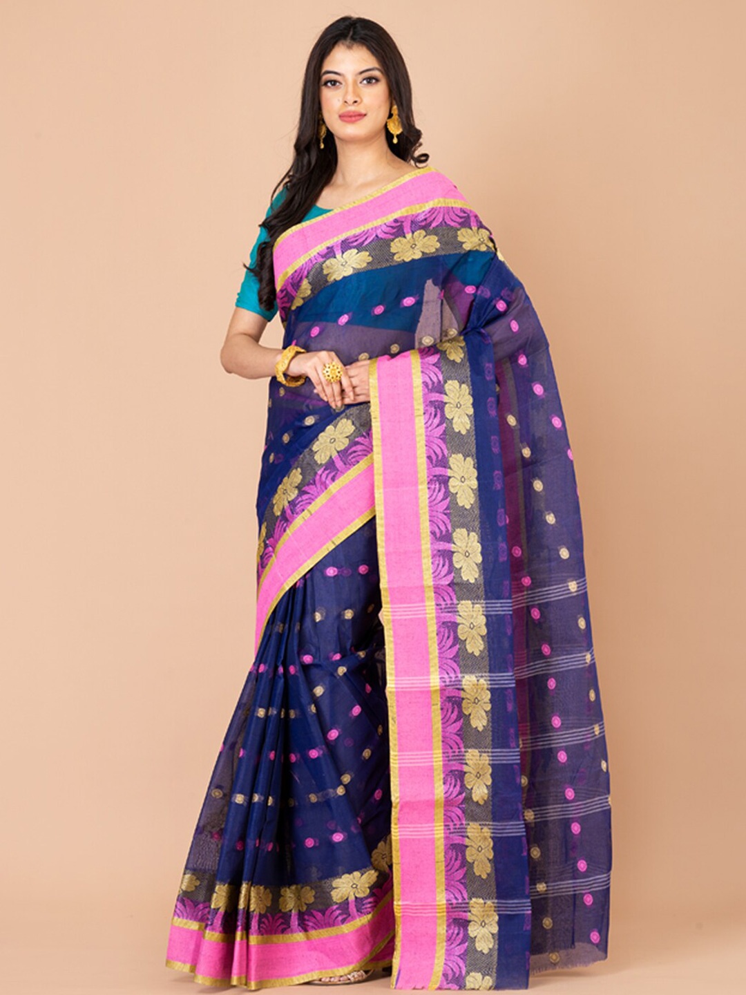 

HOUSE OF ARLI Ethnic Motifs Woven Design Zari Pure Cotton Taant Saree, Navy blue