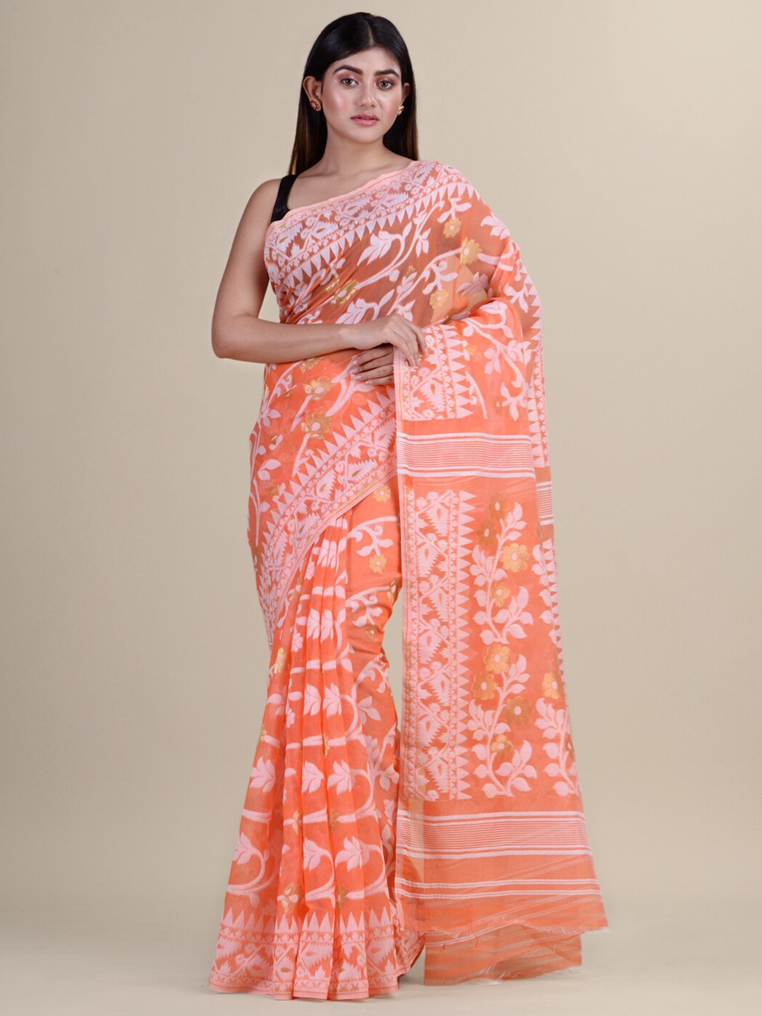 

HOUSE OF ARLI Floral Woven Design Pure Cotton Jamdani Saree, Orange