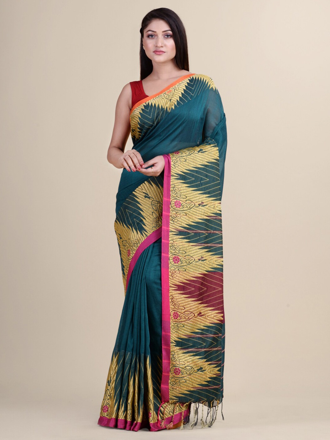 

HOUSE OF ARLI Woven Design Zari Pure Cotton Saree with Tassels, Green