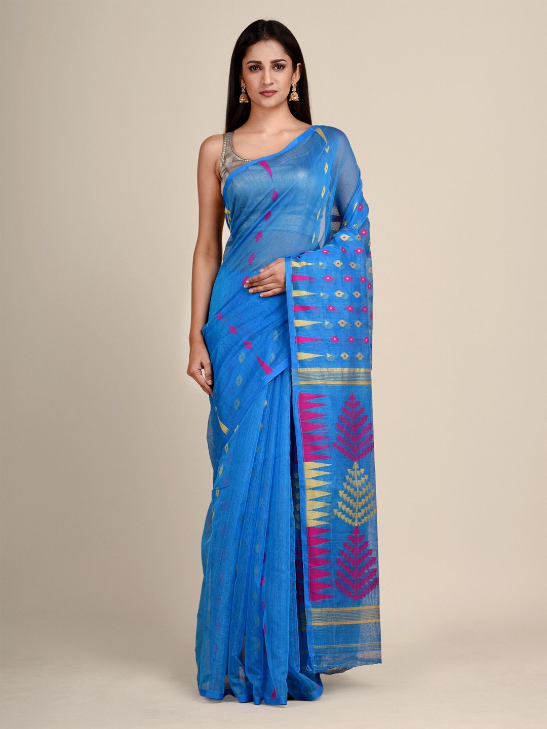 

HOUSE OF ARLI Ethnic Motifs Woven Design Pure Cotton Jamdani Saree, Blue