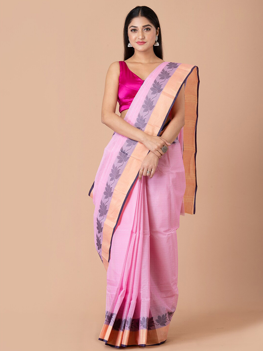 

HOUSE OF ARLI Woven Design Pure Cotton Taant Saree, Pink