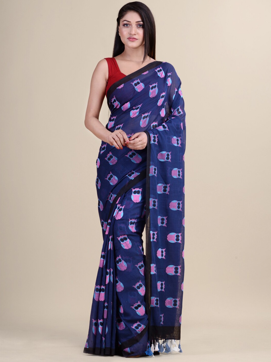 

HOUSE OF ARLI Geometric Printed Pure Cotton Saree, Navy blue