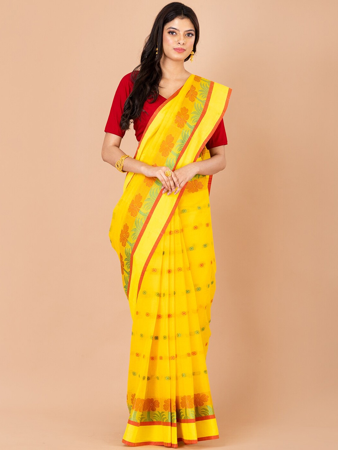 

HOUSE OF ARLI Woven Design Pure Cotton Taant Saree, Yellow