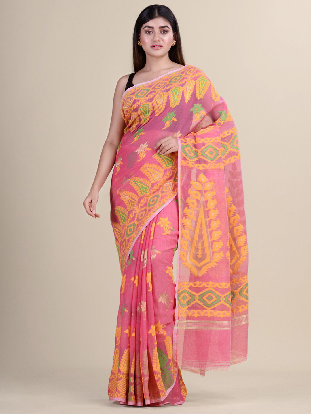 

HOUSE OF ARLI Woven Design Pure Cotton Jamdani Saree, Pink