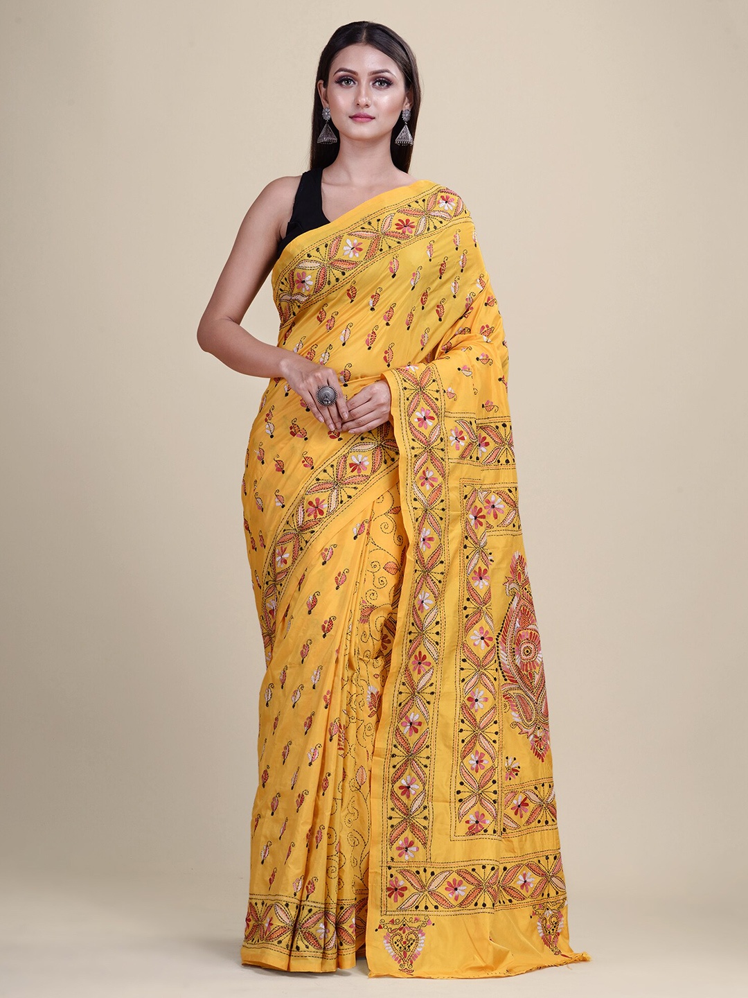 

HOUSE OF ARLI Paisley Design Kantha Work Pure Silk Saree, Yellow