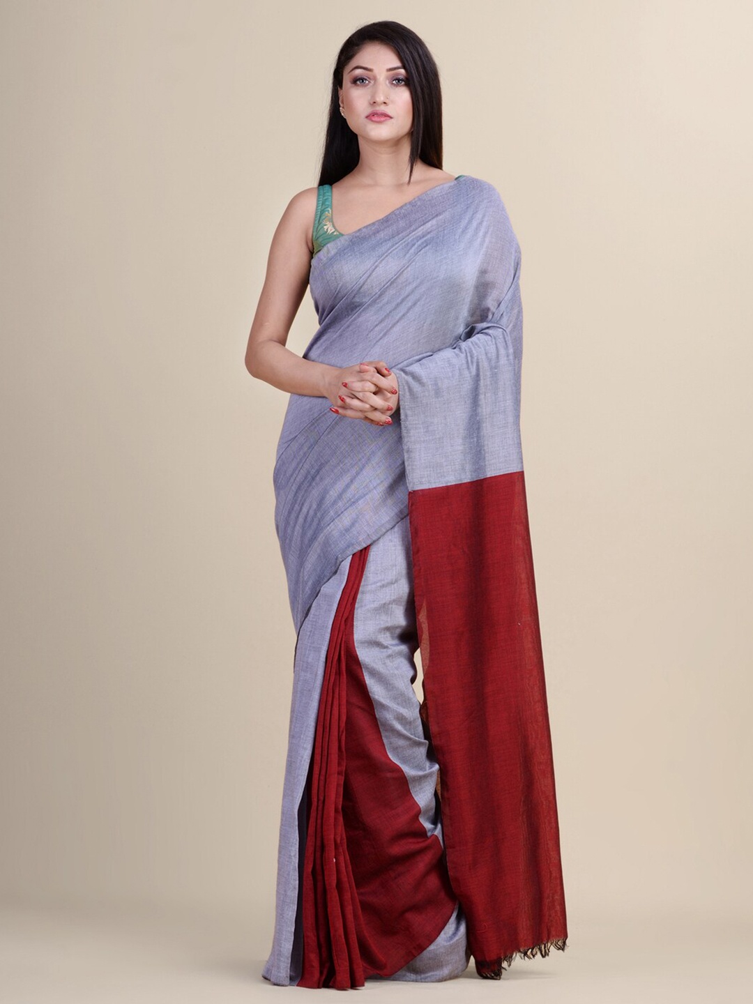 

HOUSE OF ARLI Colourblocked Pure Cotton Saree, Grey