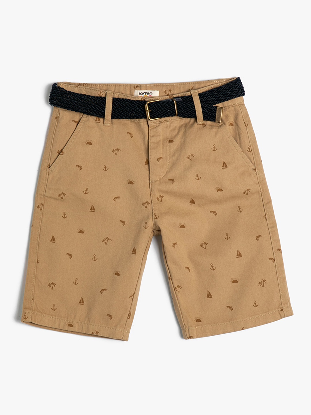 

Koton Boys Conversational Printed Pure Cotton Chino Shorts, Camel brown